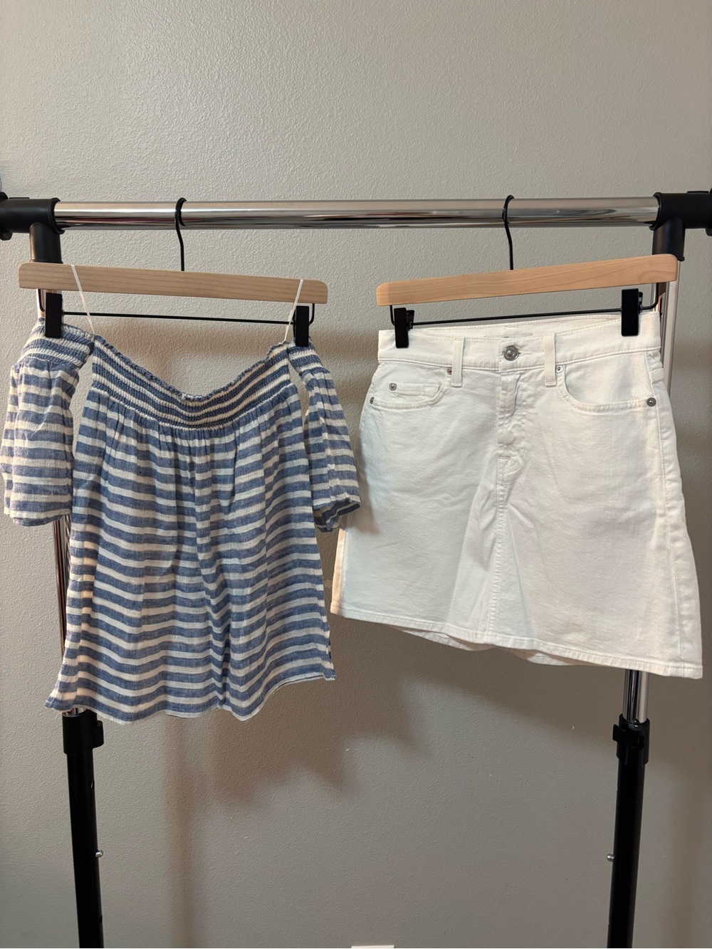 Rails Striped Off-Shoulder Top & 7forAll White Denim Skirt Set - Blue & White